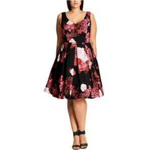 City Chic "Peacock Blossom" Pink and Black Floral A-Line Dress with Crinoline